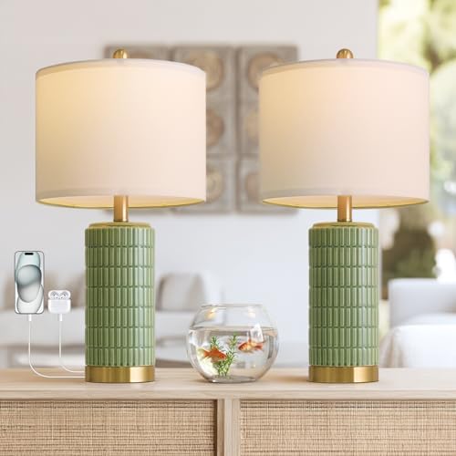 PoKat Bedside Table Lamps Set of 2 for Living Room with 2 USB Ports, 21.5'' Small Modern Nightstand Lamps for Bedroom, Ceramic Side Table Lamps with Gold Base for Office Entryway Decor Gift (Green) by Pokat