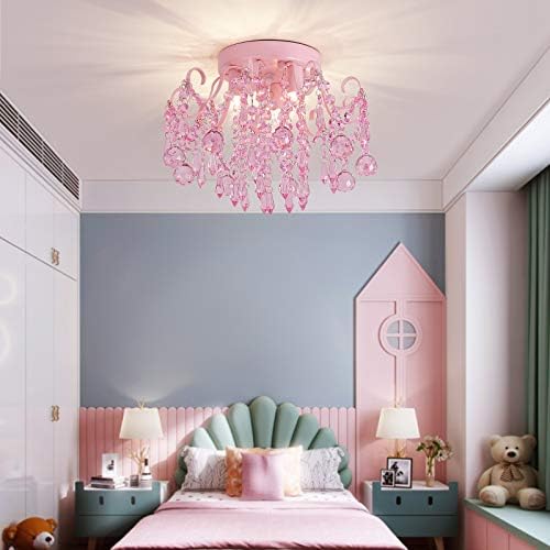 Q&S Mini Crystal Chandelier,Semi Flush Mount Pink Girl Chandelier, Small Crystal Ceiling Light Fixture Bedroom Bathroom Closet Nursery 3 Lights - Image 4