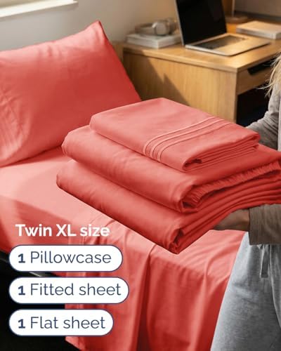 Twin XL 3 Piece Sheet Set - College Dorm Room Essentials - Coral - Image 3