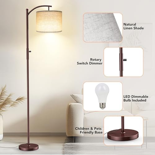 ROTTOGOON Dimmable Floor Lamp, Arc Floor Lamps for Living Room, Stepless Dimming Modern Standing Lamp with Linen Shade, Tall Lamp for Bedroom Office Dining Room- Brown - Image 6
