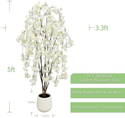 Artificial White Cherry Blossom Tree, 5Ft Tall Indoor Faux Plant with Cascading Branches, Potted Decorative Tree for Home, Office, Living Room, Patio - Image 2