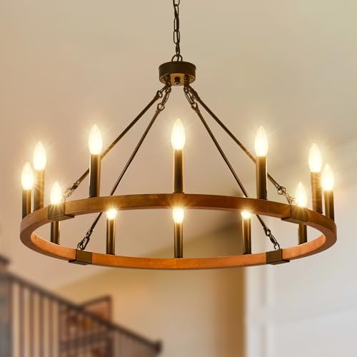 32" Solid Wood Wagon Wheel Chandelier 12-Light Farmhouse Chandeliers by VBKKLighting