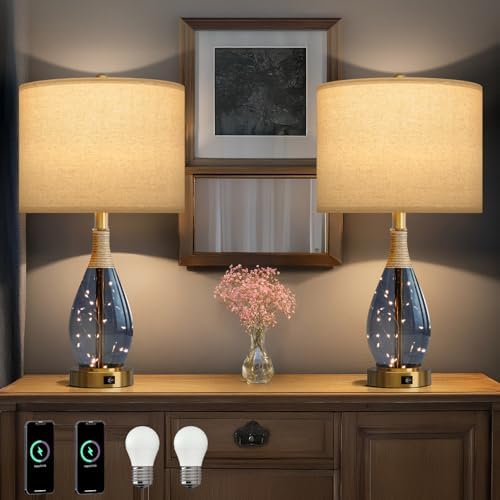OYEARS 23" Table Lamps for Living Room Set of 2 Bedside Lamps for Night Stands Bedroom Lamps Farmhouse Rattan Boho Lamp Glass Nightlight End Table Lamp with USB C+A (Blue),Two Light Points by OYEARS
