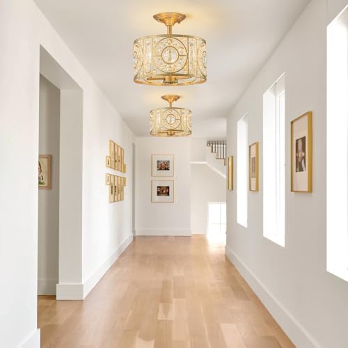 Semi Flush Mount Chandelier for Dining Room, 3-Lights Vintage Crystal Round Chandelier, Gold Retro Semi-Flush Mount Ceiling Lights Fixture for Living Room Bedroom Kitchen Hallway Foyer - Image 4