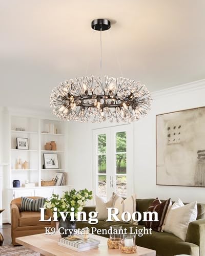 Modern Firework Chandelier, Farmhouse Black Crystal Round Dandelion Sputnik Chandeliers, 31.5" Contemporary 20-Light Pendant Hanging Lighting for Dining Room Kitchen Bedroom Living Room - Image 4