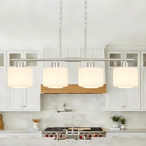4-Light Brushed Nickel Kitchen Island Lighting, Modern Linear Dining Room Chandelier Light Fixtures with Milk Glass and Chain, Mid Century Hanging Lights for Kitchen Island, OS-YQ8153-4ISBNW by Osimir