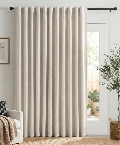 Linen Textured Total Blackout Sliding Door Curtains 84 Inches Long, Cream by 100BlackoutShield
