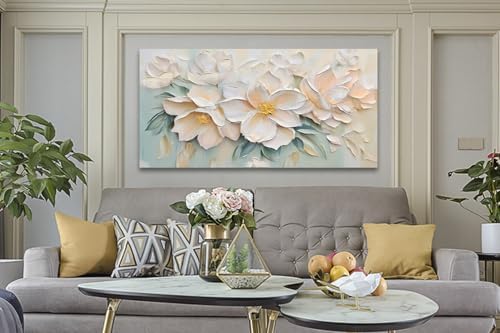 Anolyfi Large White Floral Canvas Wall Art for Living Room Bedroom 48"x24" - Image 3