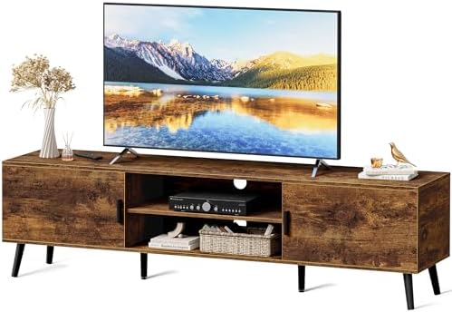 SUPERJARE TV Stand for 55, 65 Inch TV, 63 Inch Entertainment Center with Adjustable Shelf, 2 Cabinets, TV Console Table, Media Console, Solid Wood Feet, 4 Cord Holes, for Living Room, Rustic Brown by SUPERJARE