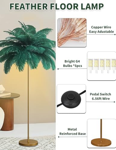 Feather Floor Lamp,Fluffy Ostrich Feather Floor Lamp for Bedroom,3 Color Temperatures Led Corner Modern Floor Lamps for Living Room Christmas Home Decor House Warming Gifts,63″ Height (Dark Green) - Image 4