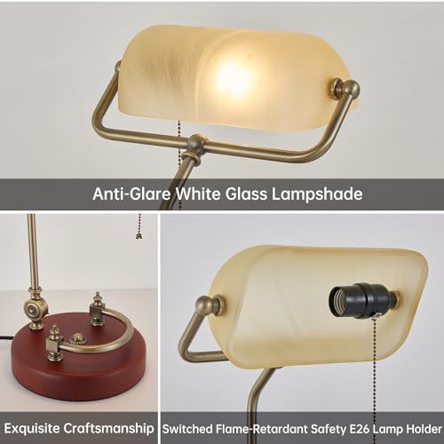 Bankers Lamp Traditional White Glass Desk Lamp Solid Wood Pull Chain Switch - Image 6