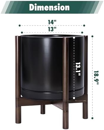 D'vine Dev Ceramic Pot with Walnut Wood Stand, Black, 14 in, 55-B-T-2 - Image 3