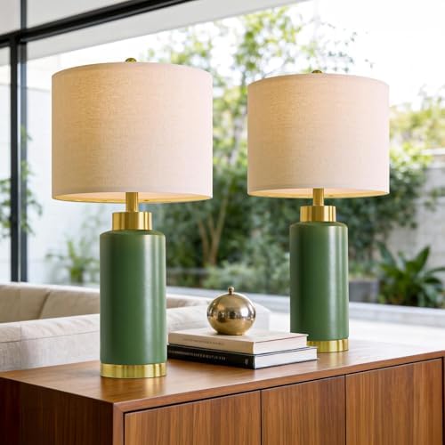 USumkky 25" Green Ceramic Table Lamp Set of 2, Modern Mid-Century Bedside Nightstand Lamps for Bedroom Living Room, Linen Shade & Gold Metal Base, Rotary Switch E26 (Bulbs Excluded) by USumkky