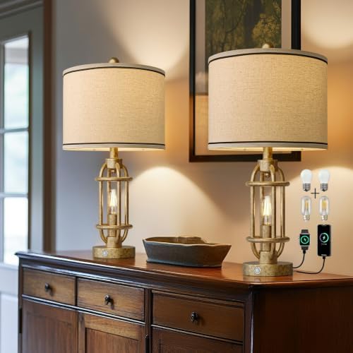 G-SAFAVA 23.75'' Table Lamps Set of 2 for Living Room Bedroom Industrial Farmhouse Metal Touch Lamps with USB A+C Ports, Night Light Vintage Nightstand Bedside Lamp, Bulbs Included, Champagne Gold - Image 2