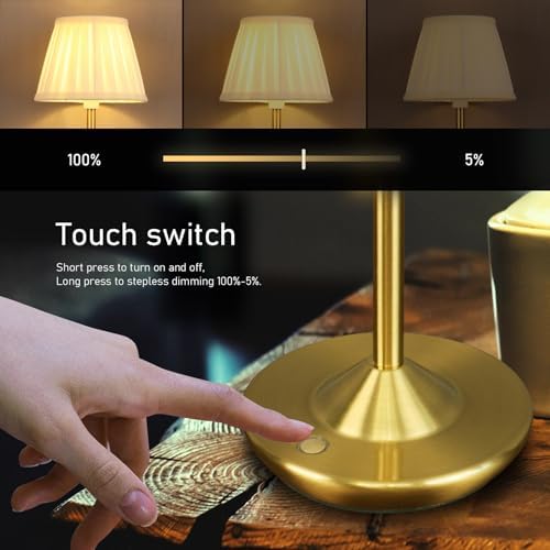 Cordless LED Touch Lamp with Dimmer Portable Small Table Lamp, 18" 2700K Rechargeable Battery Light for Bedside, Dining Room, Bedroom Lamp, Patio, Bar, Night Light, Bathroom (Antique Brass) - Image 4