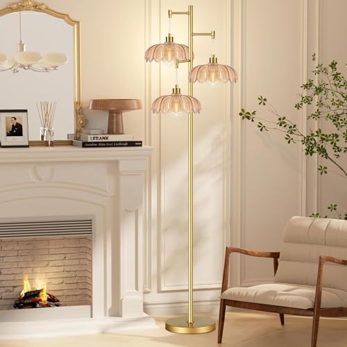 QIYIZM Glass Floor Lamp for Living Room,Bedroom,Gold Mid Century Modern Standing Lamp Brass Tree 3 Light Tall Floor Lamps Vintage Retro Floor Lights Flower Lamp Shade Farmhouse Boho Bohemian - Image 3