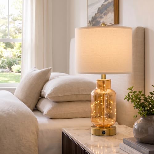 Oneach 22" Glass Table Lamps Set of 2 with Night Light for Bedroom, Amber - Image 2