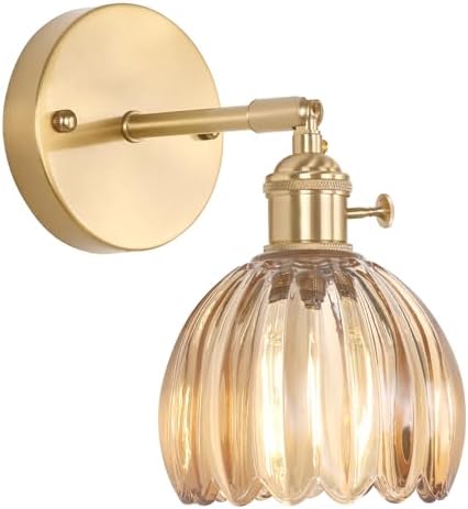 Shenmoyl Vintage Wall Sconces with Amber Tulip Glass Lampshade 180 Degree Adjustable Brass Sconces Hradwired Modern Wall Lighting Fixture with Switch for Bedside Bedroom Doorway by Shenmoyl