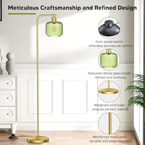 66" Gold Floor Lamp,Standing Lamp with Green Ribbed Glass for Living Room - Image 3
