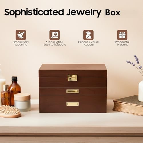 Wooden Jewelry Box for Women, 3 Layers Large Wooden Jewelry Organizer Box Watches Necklace Ring Storage Box for Women (Walnut 3 Layer) - Image 6