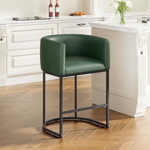 26" H Counter Height Bar Stools Set of 1, Modern Barrel Counter Stools with Backrest and Arms, Faux Leather Upholstered Accent Barstools for Kitchen Island,Support 450 LBS (Green) by VATROS