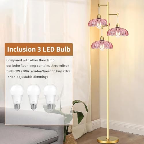 QIYIZM Pink Floor Lamp for Living Room,Bedroom,Gold Mid Century Modern Standing Lamp Brass Tree 3 Light Tall Floor Lamps Vintage Retro Floor Lights Glass Flower Lamp Shade Farmhouse Boho Bohemian - Image 4