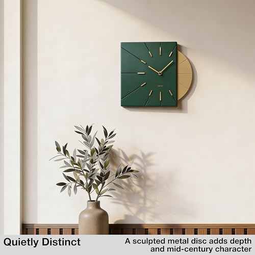 Driini Mid Century Modern Wall Clock, Battery Operated, Green and Gold - Image 2