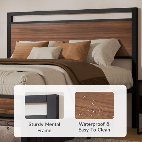 Z-hom Queen Metal Bed Frame&Wooden Headboard&Footboard,No Box Spring,Walnut - Image 4
