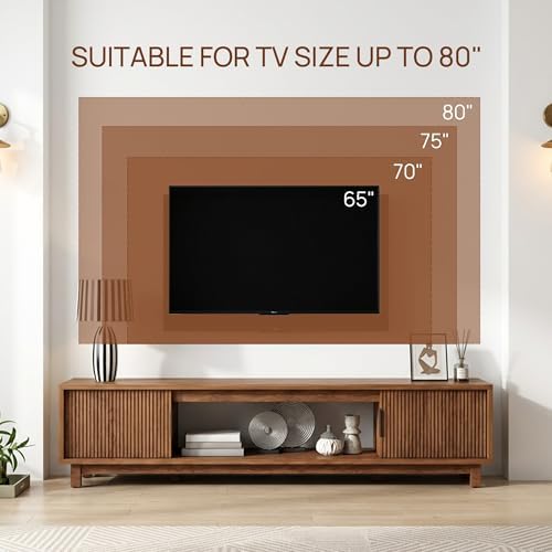 TV Stands for Living Room, 70 Inch Large Entertainment Center Fluted TV Stand with Storage, Boho Media Console Wood Television Table with Cable Management Hole, Walnut - Image 7