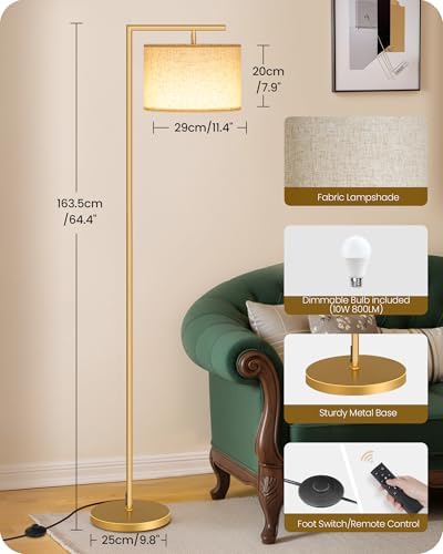 Modern Dimmable Floor Lamp for Living Room, Corner Tall Lamp with Fabric Shade, LED Bulb Included, Arched Reading Light with Remote Control and Foot Pedal, Beige and Gold DE11LD05 - Image 6