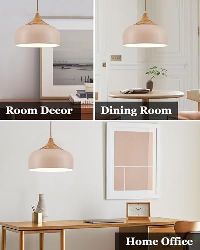 ELYONA 12 Inch Modern Japandi Pendant Light for Kitchen Island Farmhouse Hanging Lamp with Faux Pine Wood Grain Metal Shade, Adjustable Wabi Sabi Ceiling Fixture for Dining Room Bedroom,Light Brown - Image 6