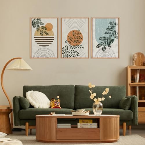 FWIEXA Framed Boho Canvas Wall Art Set, Sage Green Botanical Pictures Wall Decor, Abstract Plants Art Prints, Mid Century Modern Geometric Wall Painting, 3 Panel 16x24 Inches for Living Room, Bedroom, Office - Image 3