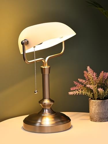 Traditional Banker's Desk Lamp with Glass Shade,Pull Chain Switch, LED Bulb Included (Satin Nickle+White) - Image 7