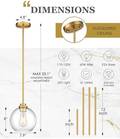 Gold Pendant Lights Kitchen Island, 8" Pendant Light Fixtures with Globe Clear Glass Shade, Modern Kitchen Island Lighting for Bathroom, AD-22280-1PL-GD - Image 3