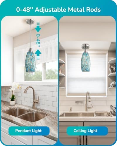 EDISHINE Pendant Light Kitchen Island Blue Glass Brushed Nickel Rod - Image 6