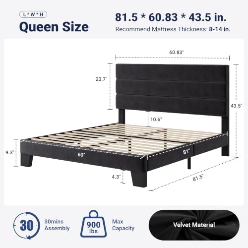 Allewie Queen Size Platform Bed Frame with Velvet Upholstered Headboard - Image 2