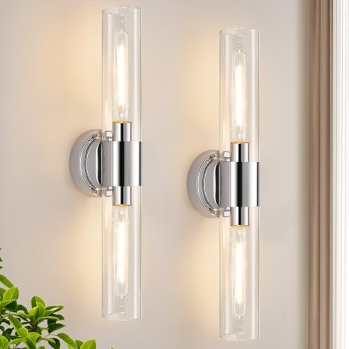 Wall Sconces Set of Two, Modern Bathroom Sconces Wall Lighting with & Clear Glass Glass, Chrome Sconces Wall Decor Set of 2 for Bathroom Mirror Bedroom Living Room Hallway by Meybiok