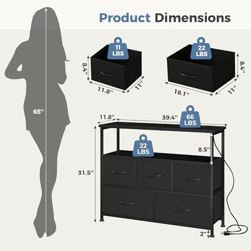 DUMOS TV Stand with 5 Fabric Storage Drawers, Media Console with Open Shelf & Charging Station, Compact Fabric Storage Entertainment Cabinet for Bedroom Living Room, Black - Image 3