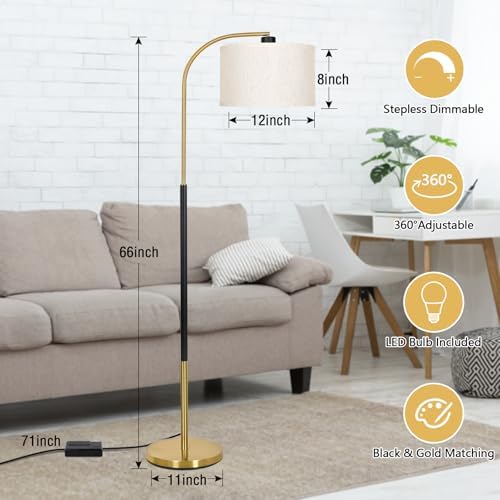 Dimmable Floor Lamp for Living Room, Arc Floor Lamps with Adjustable Drum Shade Pedal Switch, Black and Gold Tall Standing Lamp with 9W LED Bulb, Modern Reading Light Pole Lamp for Bedroom, Office - Image 2