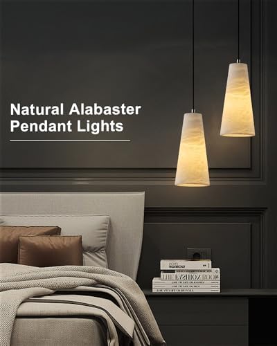 Alabaster Pendant Lights Kitchen Island 2 Pack, H-10in White Pendant Light Fixtures, Marble Conical Shade Black, Light Pendant for Bedroom Bathroom Dining Room Living Room (Dimmable Bulbs INCL) - Image 4