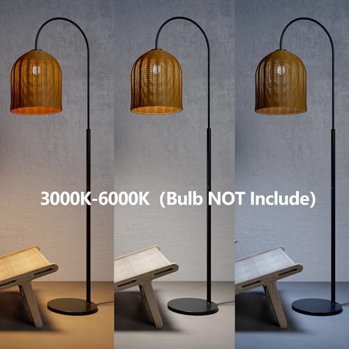 Rattan Floor Lamp, 66in. Boho Floor Lamp with Natural Brown Rattan Shade, Rustic Arc Standing Lamp for Coastal, Beach or Bohemian Style Decor (Coastal-Black) - Image 4