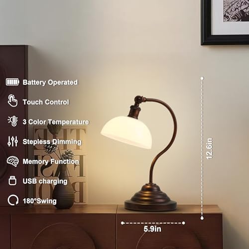 Cordless Table Lamp, Battery Operated Vintage Desk Light, Bronze & White - Image 2