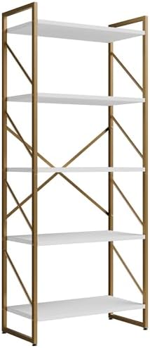 Shintenchi 5 Tiers Bookshelf, Classically Tall Bookcase Shelf,Industrial Book Rack,Modern Book Holder in Bedroom/Living Room/Home/Office, Storage Rack Shelves for Books/Movies,Gold - Image 6