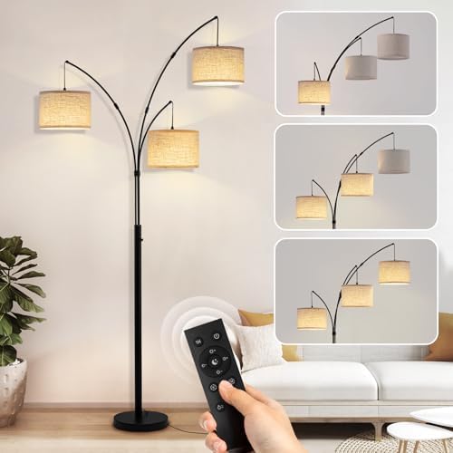 3 Light Arc Floor Lamp with Remote, Beige Shade Black Pole by Fansdrick