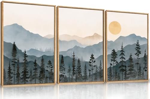 LHIUEM Boho Mountain Framed Canvas Wall Art Set,Forest Pine Tree Wall Decor, Sunrise Misty Wilderness Painting,Watercolor Nature Landscape Artwork for Living Room,Bedroom,Dining Room,Office -24"x36"x3 by LHIUEM
