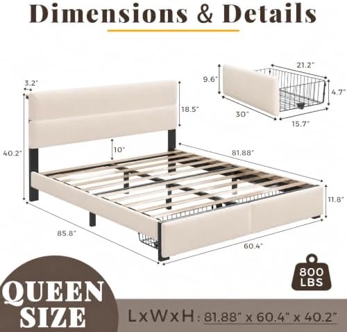 Queen Bed Frame with 2 Storage Drawers, Beige Velvet Upholstered - Image 2