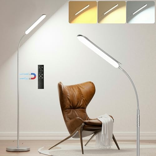 Yikuneng Dimmable LED Floor Lamp, Super Bright Reading Lamps Floor Standing lamp with Remote & Touch Control, Stepless Dimming & 2700K-6500K Color Temperature, for Living Room Bedroom Office, Silver by Yikuneng
