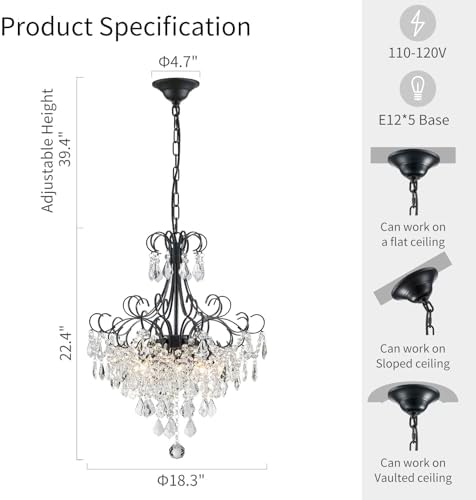 WUZUPS Crystal Chandelier 5-Light Pendant Ceiling Light Modern Lighting Fixture for Dining Room Hallway Bedroom Kitchen Bathroom, H 22.4" x W 18.3", E12 Base, Black - Image 2