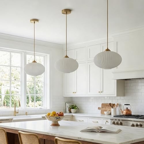 KCO Brass Gold 9.8” Ribbed Milk Glass Adjustable Pendant Light Set of 2 - Image 5