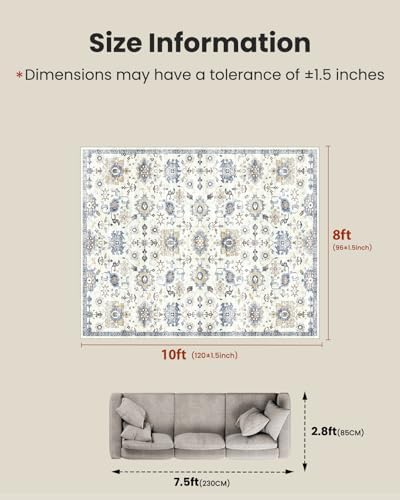 Amada 8x10 Washable Area Rug for Living Room, Blue/White, Vintage Pattern - Image 2